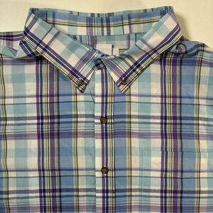 HB Button Down Shirt 4XLT Blue Purple Plaid Short Sleeve Pocket